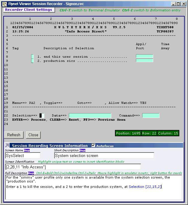 Recorder - SysSelect Screen Information